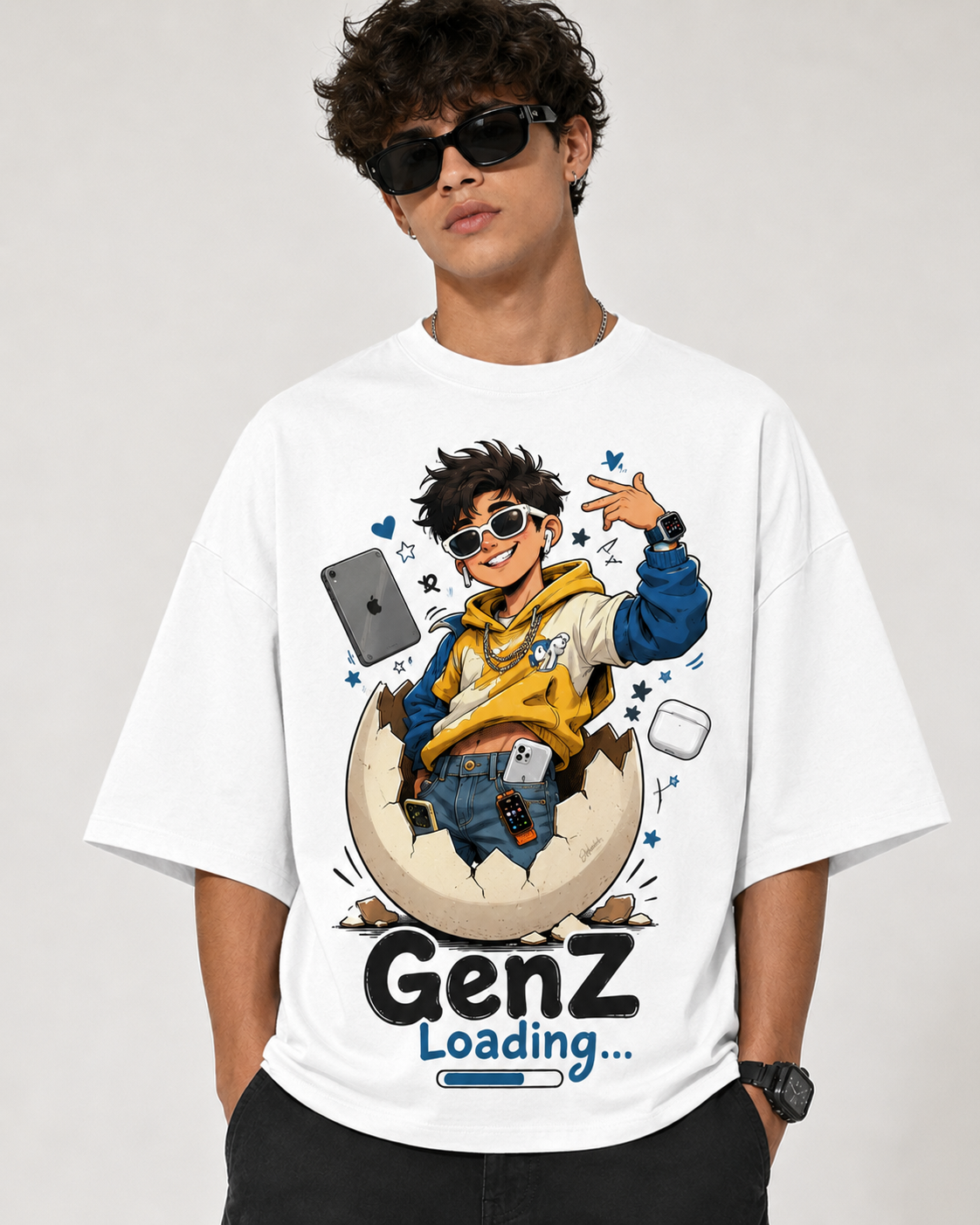 Person wearing a white t-shirt with a graphic design and text 'GenZ Loading...' on a plain background