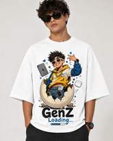 Person wearing a white t-shirt with a graphic design and text 'GenZ Loading...' on a plain background