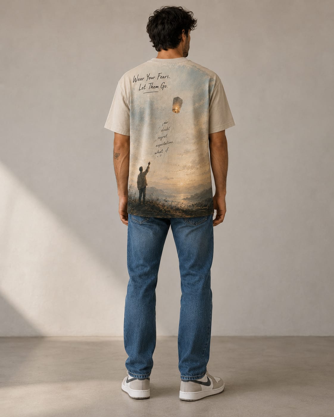 Person wearing a t-shirt with a printed design on the back, standing against a plain wall.