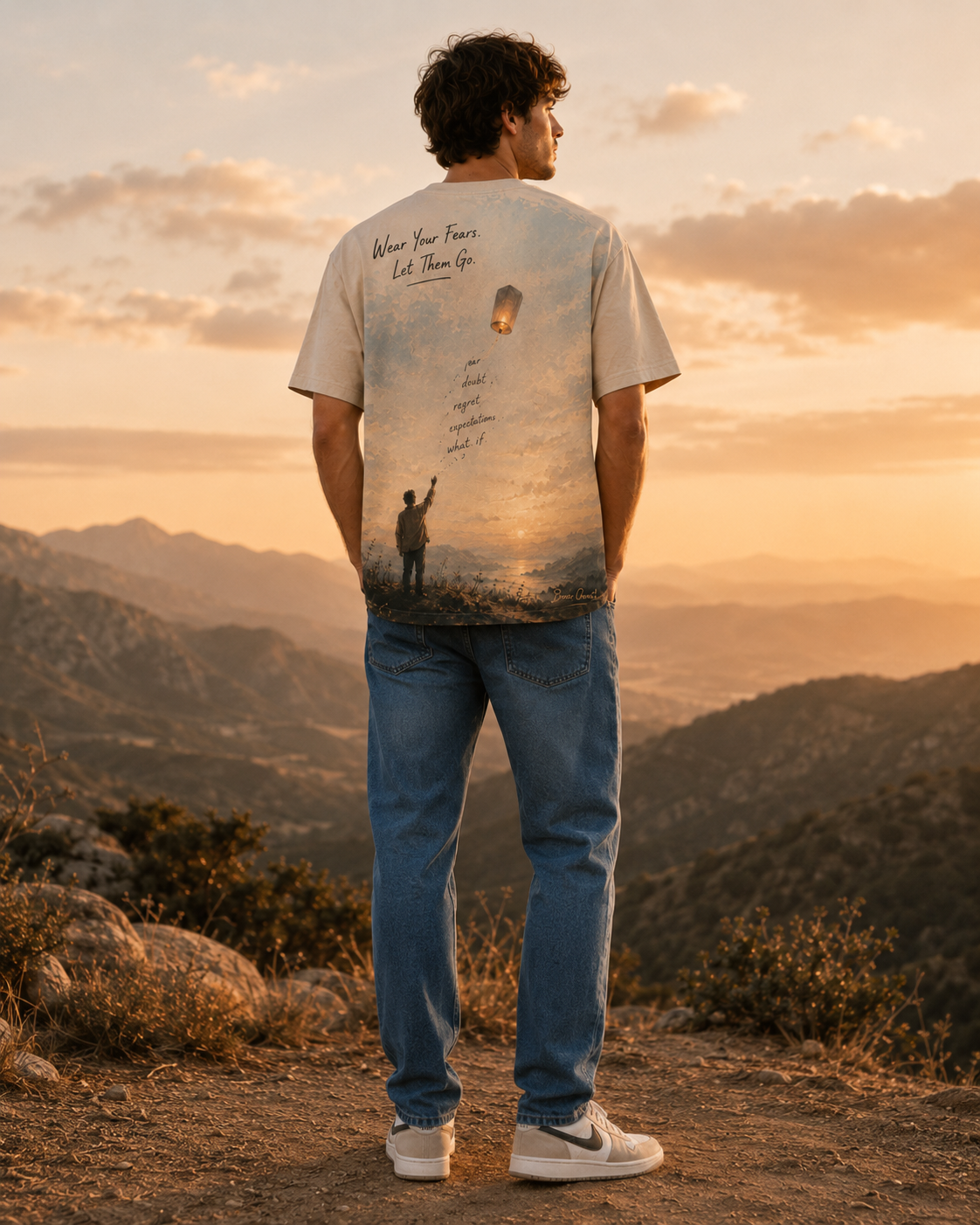 Person wearing a t-shirt with a scenic design of a person holding a lantern, standing on a mountain with a sunset in the background.


