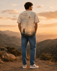 Person wearing a t-shirt with a scenic design of a person holding a lantern, standing on a mountain with a sunset in the background.

