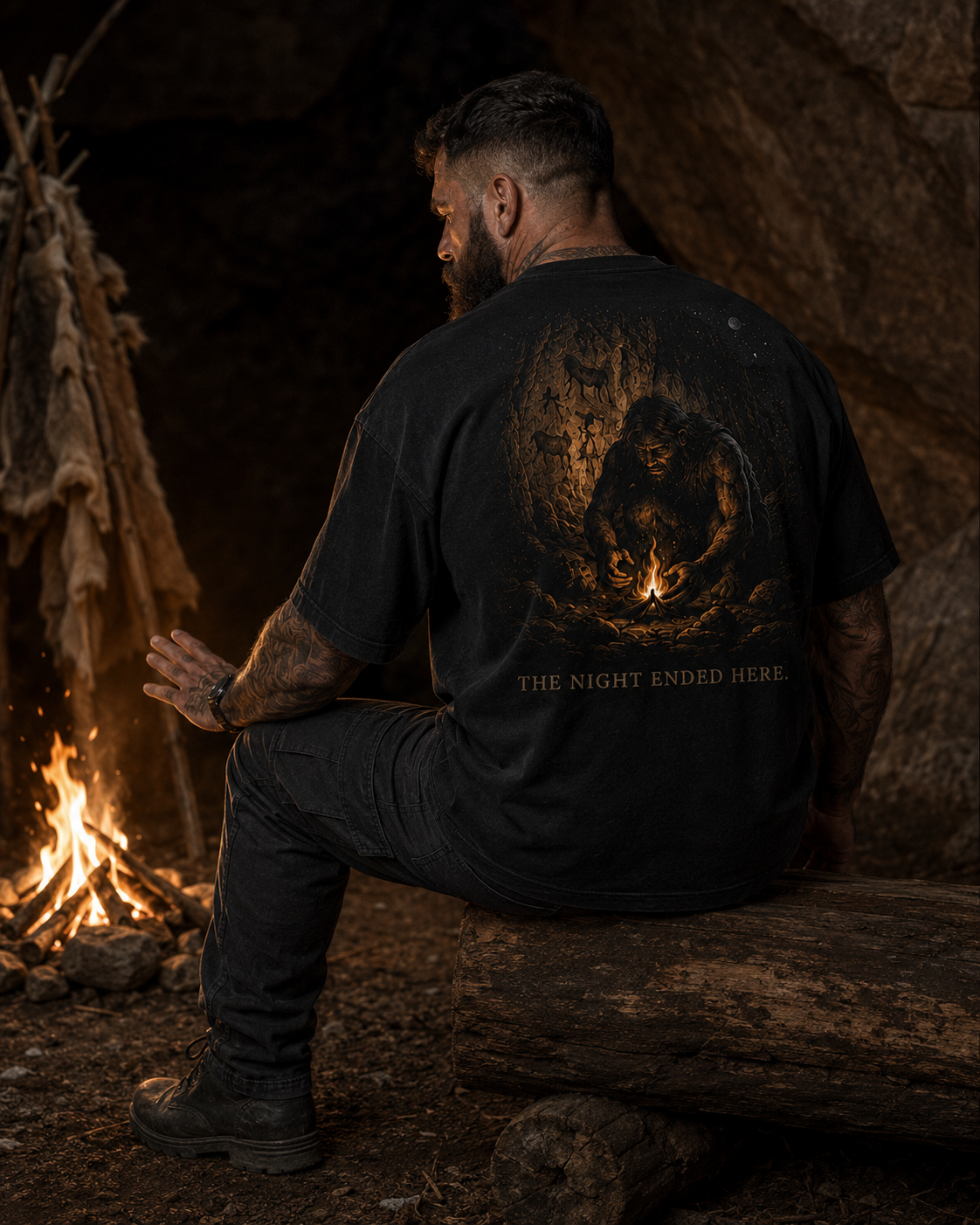 Man sitting by a campfire wearing a black t-shirt with a graphic design and text.