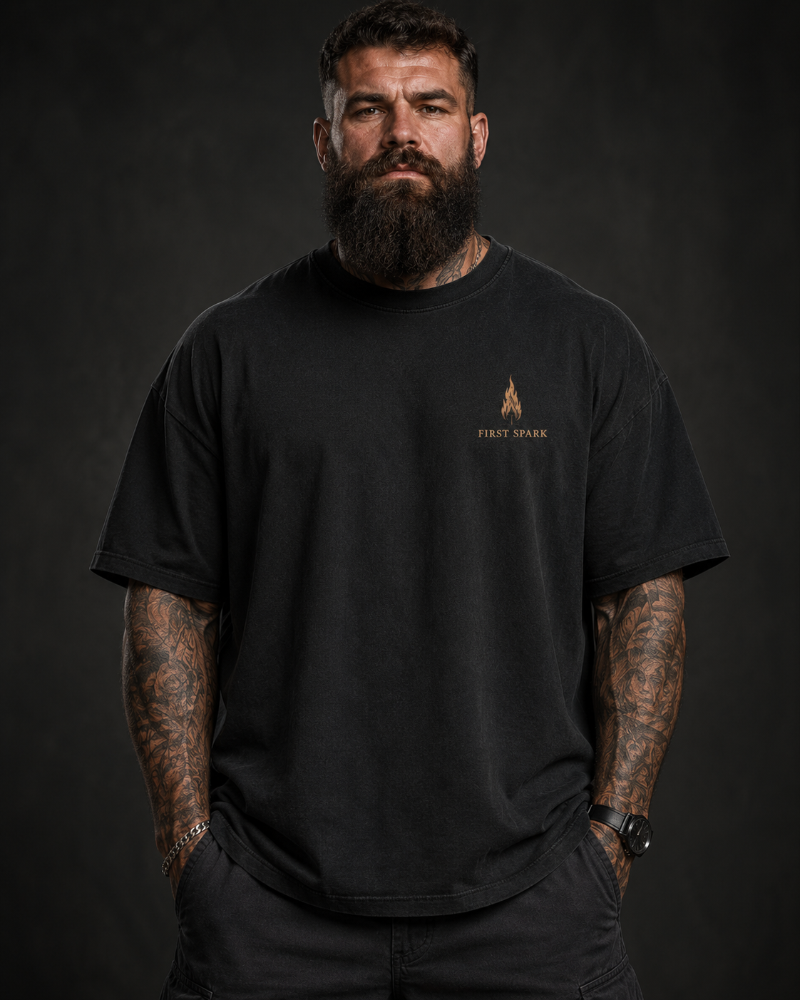 Man wearing a black t-shirt with a logo on a dark background