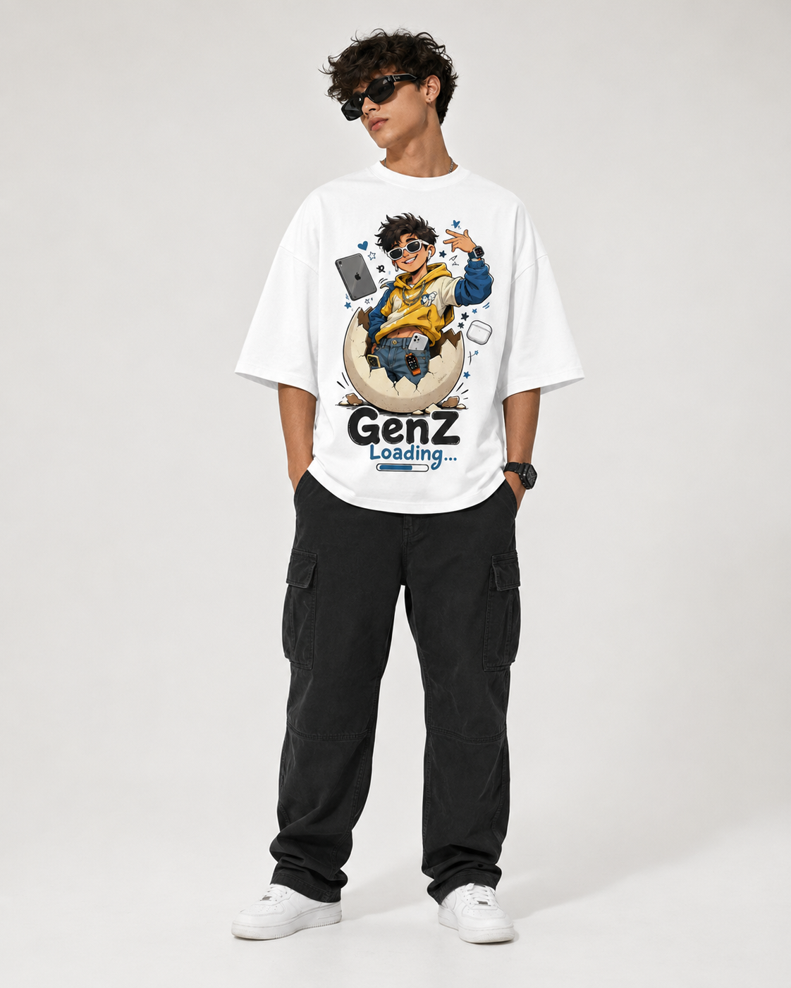 Person wearing a white t-shirt with a graphic design and text, standing against a plain background